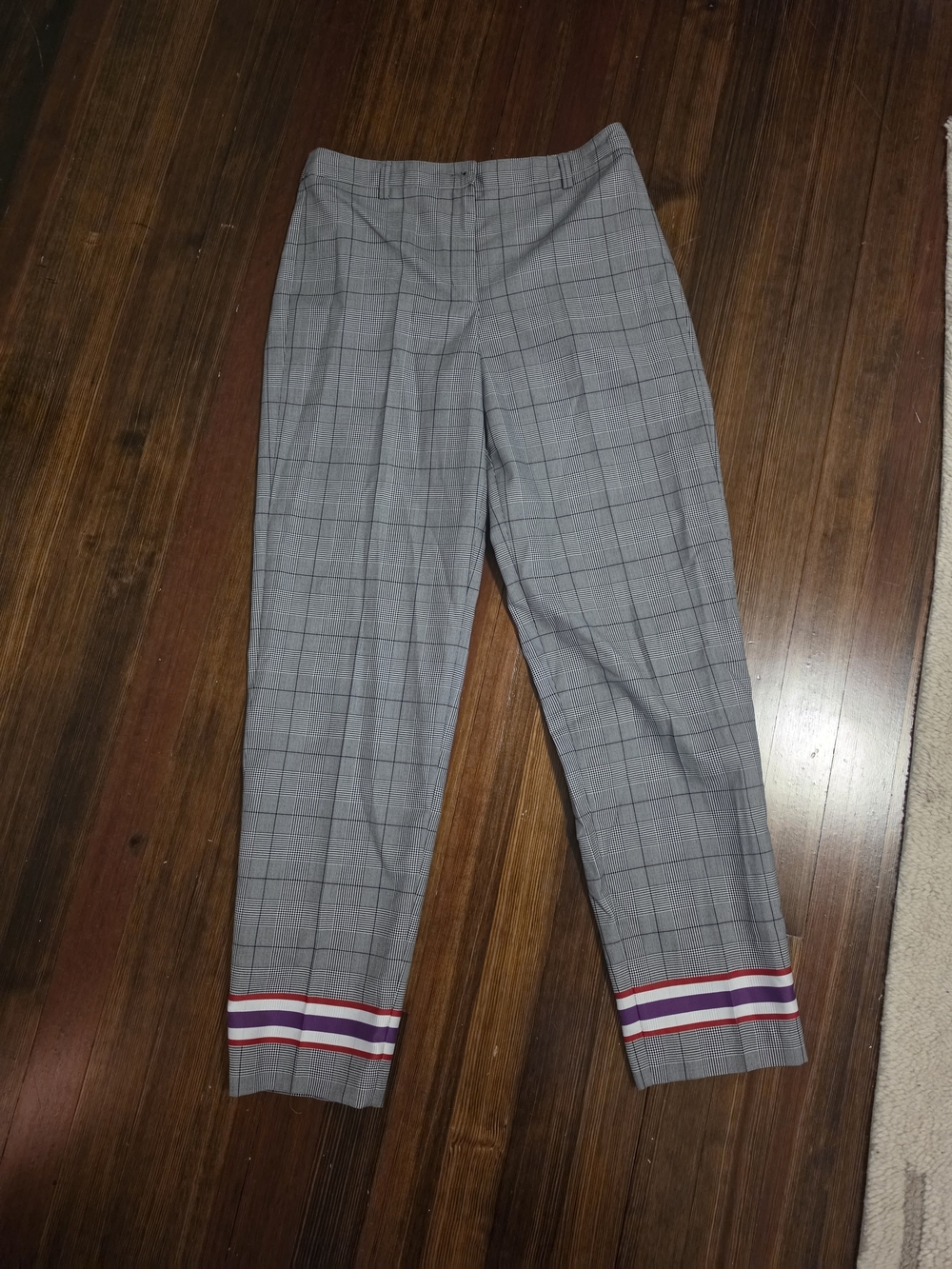 Emporio Armani 40 Grey Plaid Trousers with Striped Hem